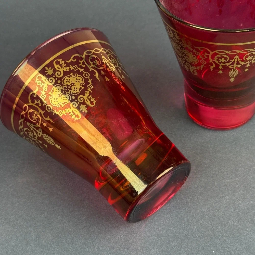 Timon Collezione Ruby Red Glass Tumblers Gold Gilt Floral Scroll Set of 2